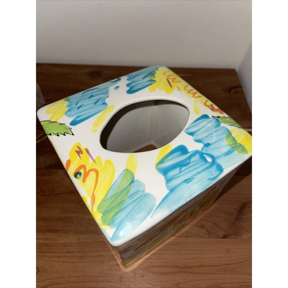 VTG Italian Riviera Ocean Sailing Palm Trees Colorful Ceramic Tissue Holder